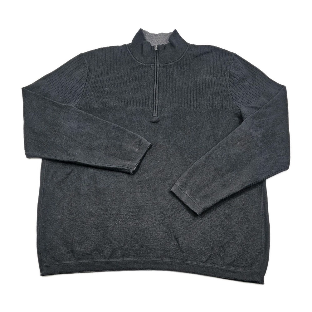 REI Sweater Mens XLarge Black Gray Accents 1/4 Zip Ribbed Knit Thick Comfortable